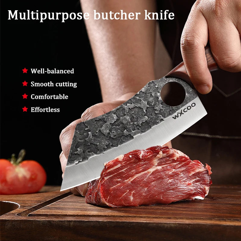 Cuchillo de Carnicero Forjado – Mango de Madera, Ideal para Cortar y Deshuesar Carne