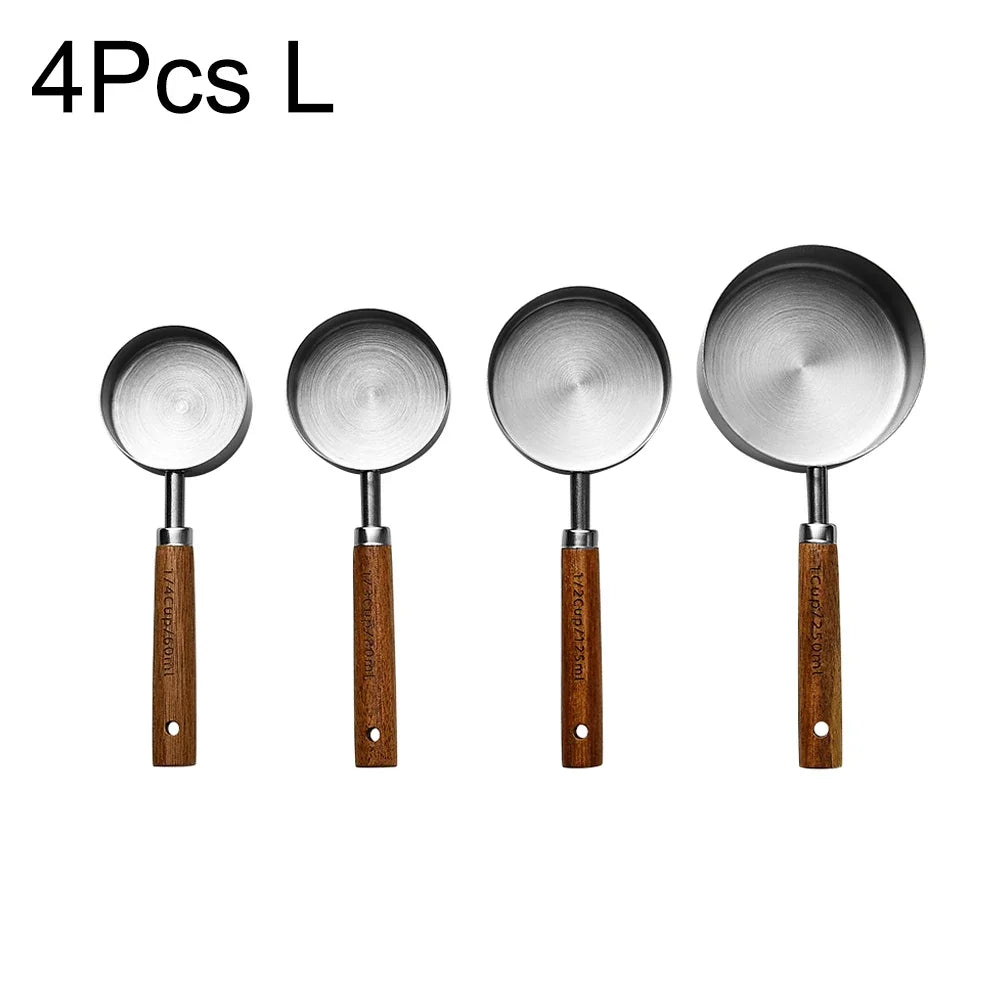 1/4/8Pcs Gold Wooden Handle Stainless Steel Measuring Cups Spoons Baking Tools Coffee Bartending Scale Kitchen Accessories Set